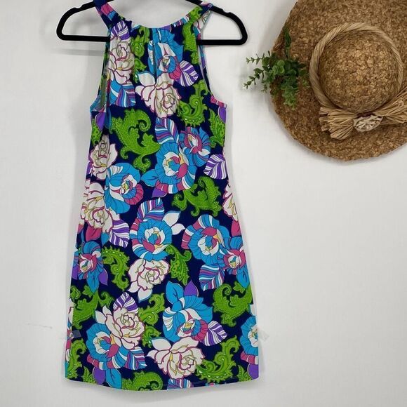 Jude  Connally Women’s Lisa Dress Floral Blue Multi Key Hole Halter Shift Stretc - Picture 6 of 12
